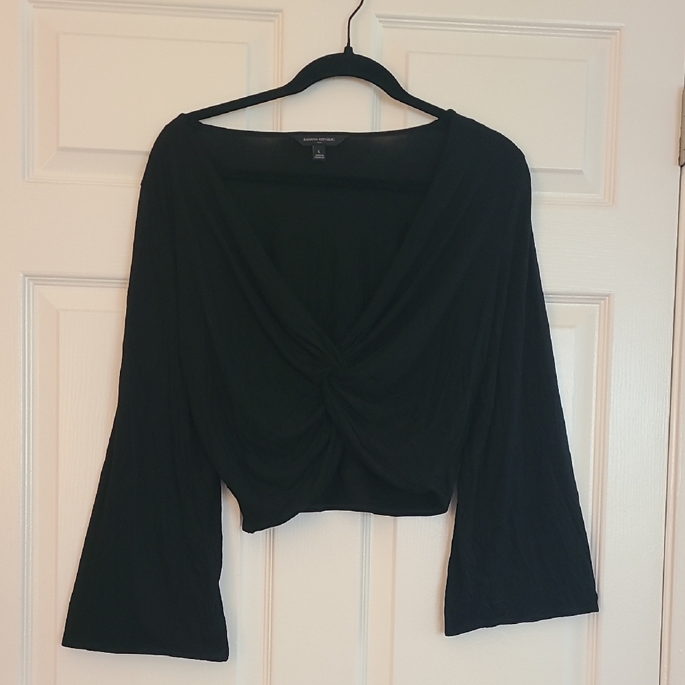 Banana Republic Black Knot-Front Cropped Long Bell-Sleeve Top